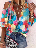 Loose Three Quarter Sleeve V Neck Abstract Graphic Zipper Casual Regular Shirt