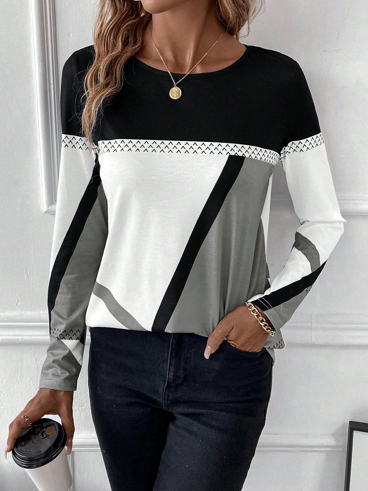 Casual Long Sleeve Crew Neck Color Block Loose Regular T-Shirt