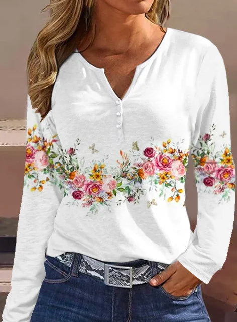 Loose Long Sleeve Notched Floral Casual Regular Blouse