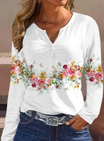 Loose Long Sleeve Notched Floral Casual Regular Blouse