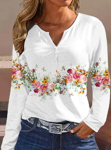 Loose Long Sleeve Notched Floral Casual Regular Blouse