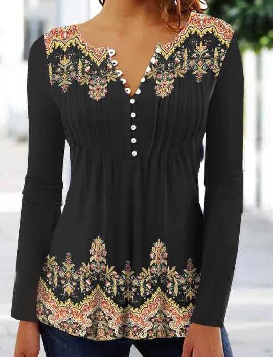 Casual Long Sleeve Crew Neck Ethnic Loose Regular Blouse