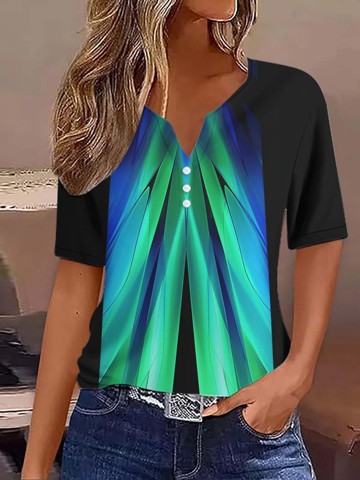 Casual Short Sleeve Notched Abstract Floral Loose Regular T-Shirt