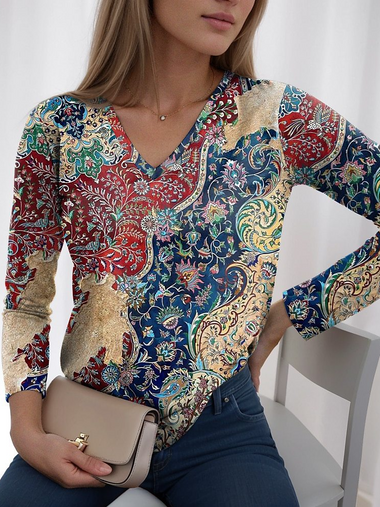 Casual Long Sleeve V Neck Ethnic Loose Regular Blouse