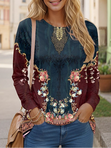 Loose Long Sleeve Crew Neck Ethnic Casual Regular T-Shirt