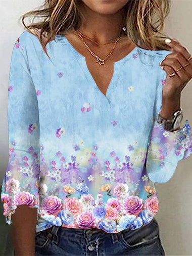 Loose Three Quarter Sleeve Notched Floral Casual Regular T-Shirt