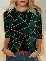 Loose Long Sleeve Crew Neck Geometric Casual Regular T-Shirt