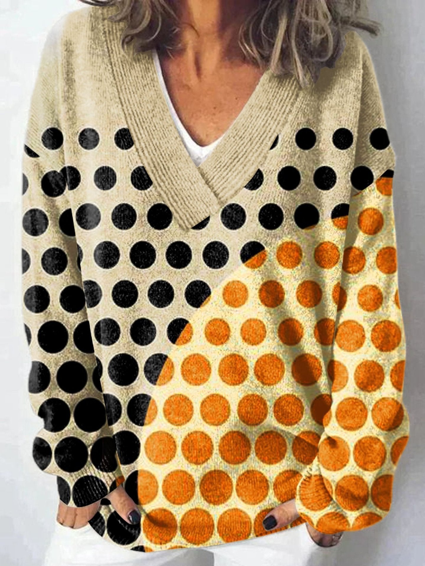 Vintage Long Sleeve V Neck Geometric Loose Regular Sweater