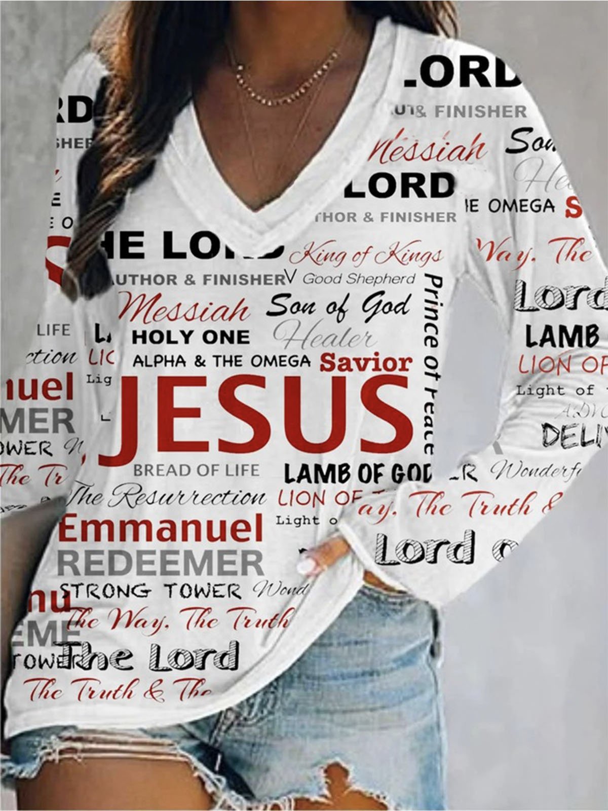 Loose Long Sleeve V Neck Floral Casual Regular T-Shirt