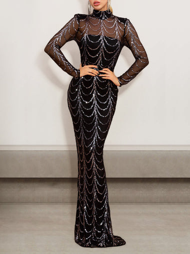 Sexy Long Sleeve Crew Neck Plain Tight Maxi Dress
