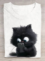 Loose Short Sleeve Crew Neck Cat Casual Regular T-Shirt