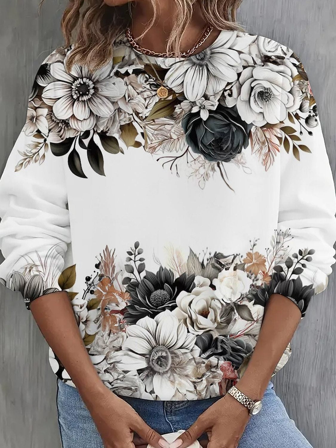 Casual Long Sleeve Crew Neck Floral Cat Loose Regular Sweatshirt