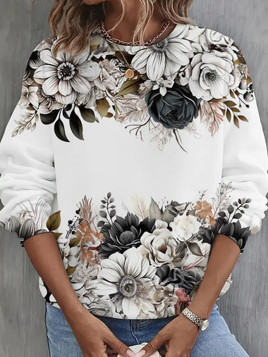 Casual Long Sleeve Crew Neck Floral Cat Loose Regular Sweatshirt