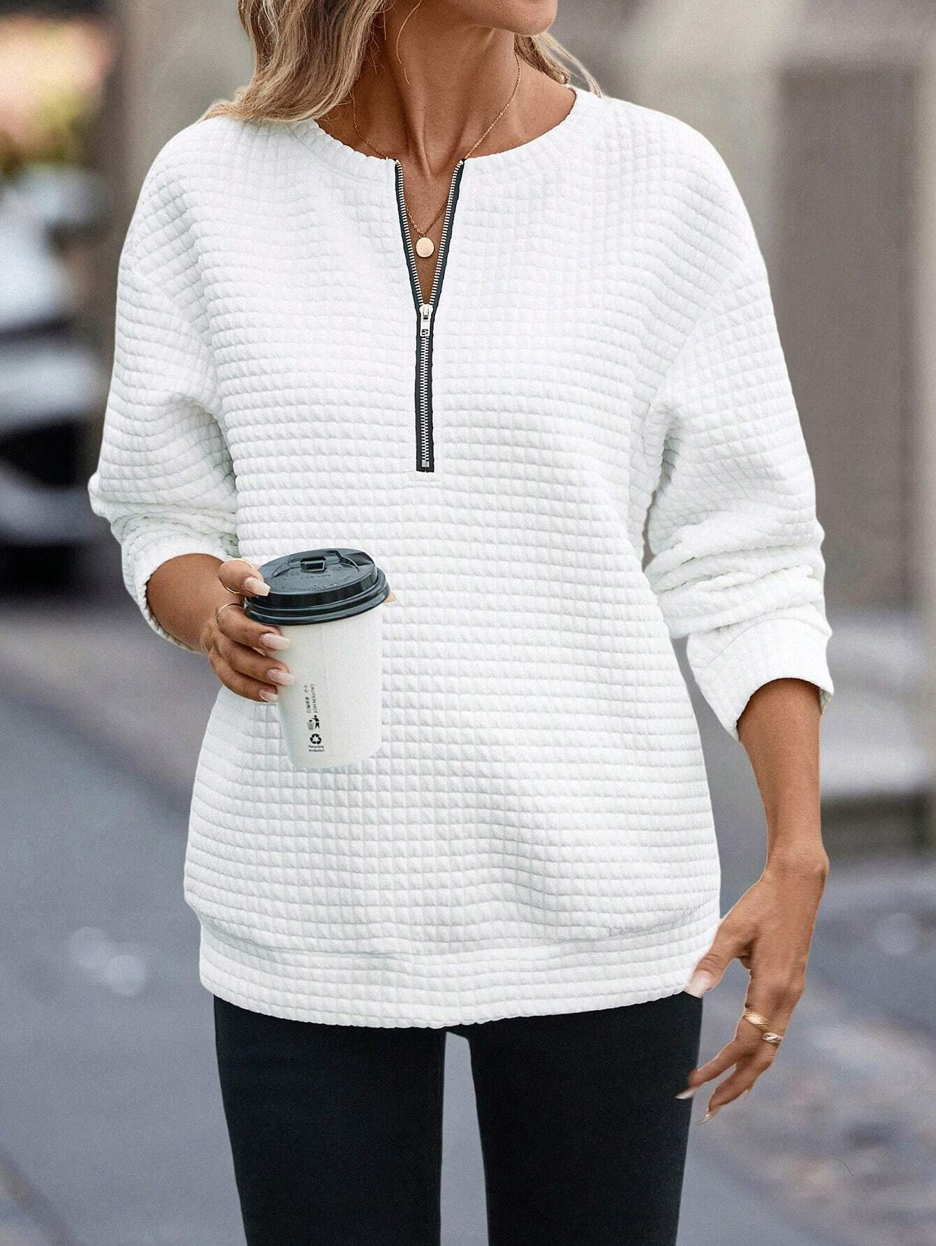 Casual Long Sleeve Crew Neck Plain Zipper Loose Regular Sweatshirt