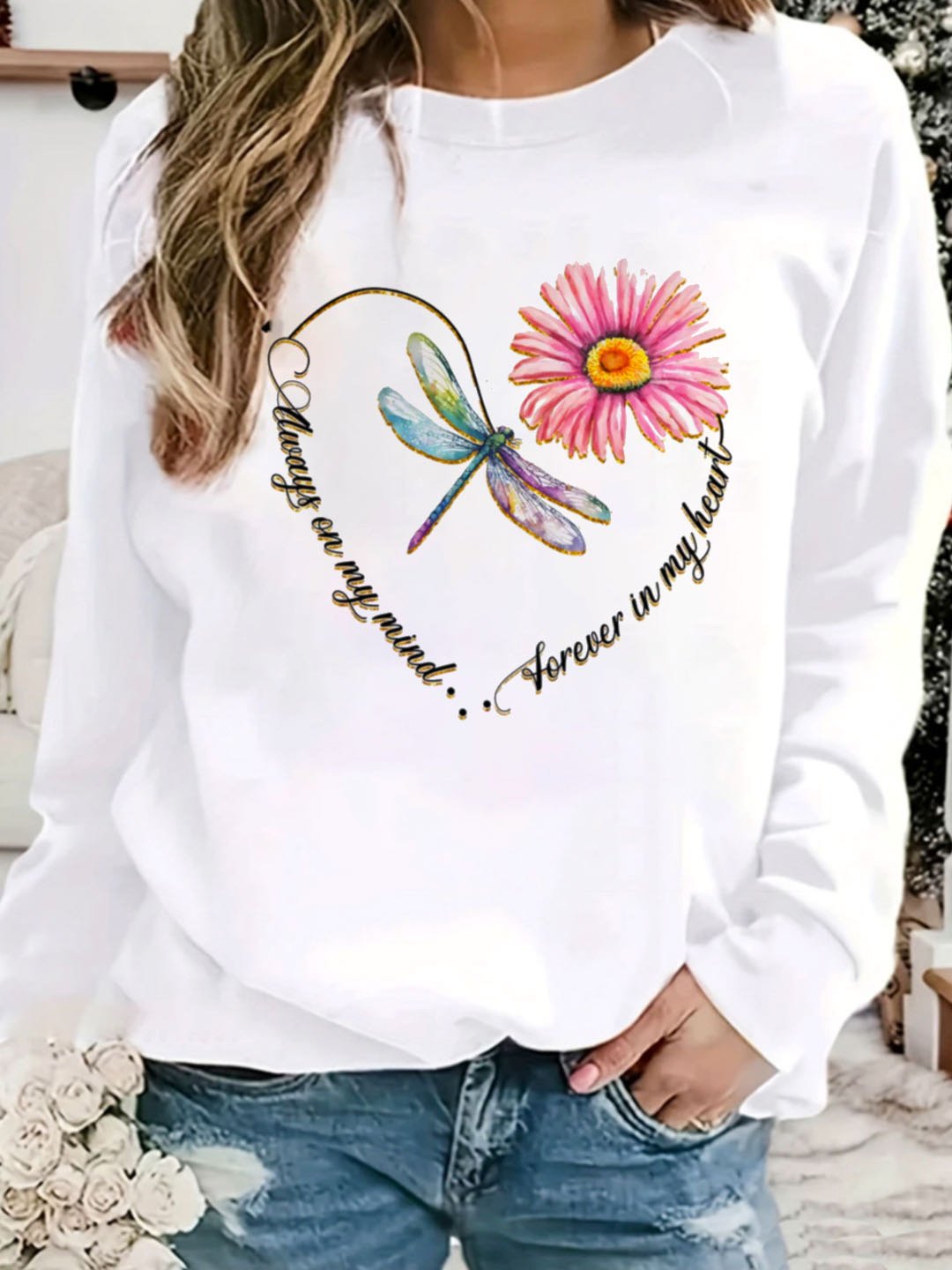 Loose Long Sleeve Crew Neck Floral Casual Regular Sweatshirt