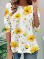 Loose Long Sleeve Crew Neck Floral Casual Regular T-Shirt