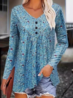 Loose Long Sleeve Crew Neck Floral Casual Mid-Long Blouse
