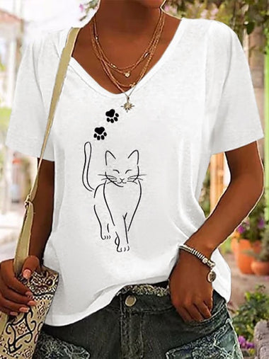 Loose Short Sleeve V Neck Cat Casual Regular T-Shirt