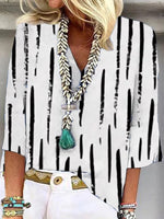Loose Three Quarter Sleeve V Neck Striped Casual Regular Shirt