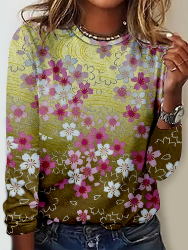 Loose Long Sleeve Crew Neck Floral Casual Regular T-Shirt
