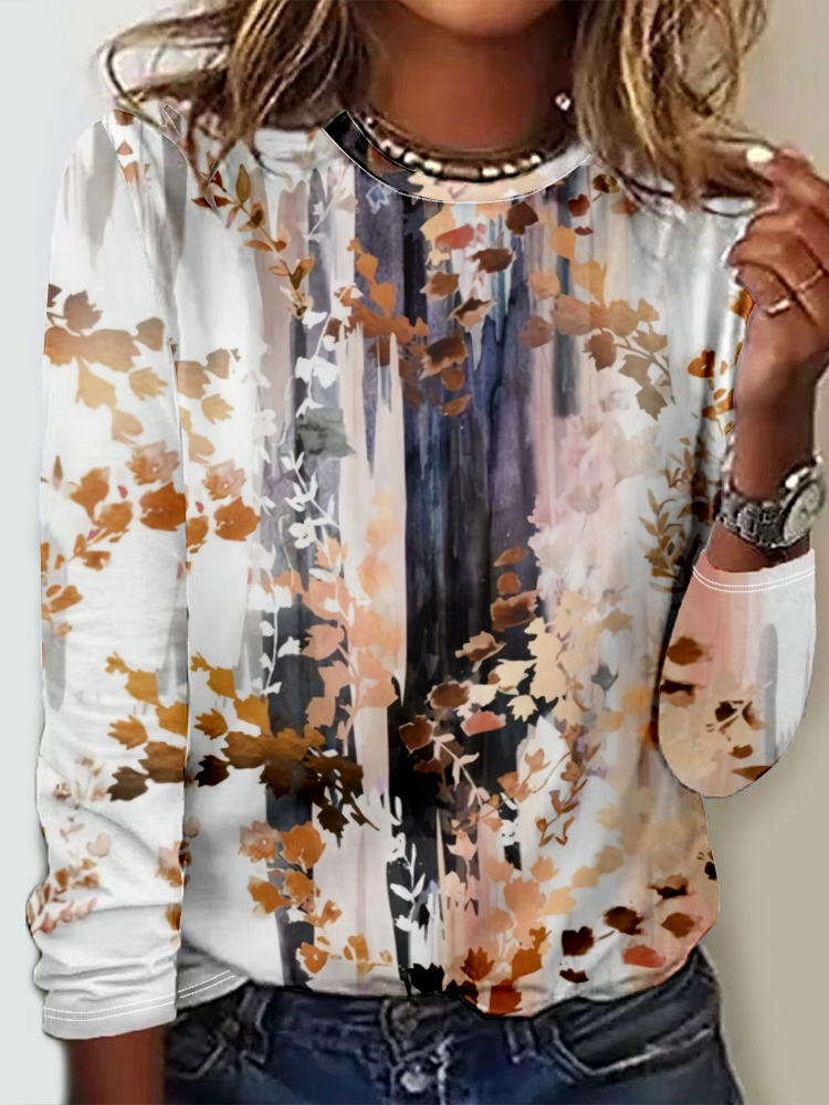 Casual Long Sleeve Crew Neck Floral Loose Regular T-Shirt