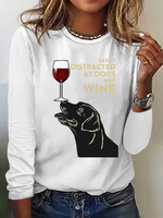 Casual Long Sleeve Crew Neck Dog Loose Regular T-Shirt