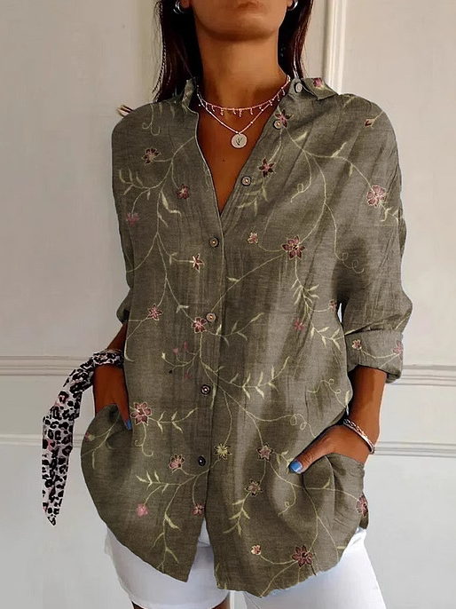 Loose Long Sleeve Shirt Collar Ethnic Floral Casual Regular Shirt