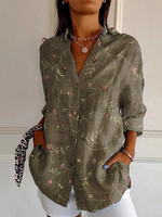 Loose Long Sleeve Shirt Collar Ethnic Floral Casual Regular Shirt