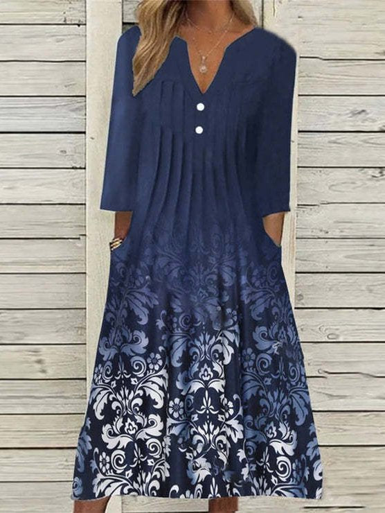 Casual Long Sleeve Asymmetrical Ethnic Floral Loose Maxi Dress