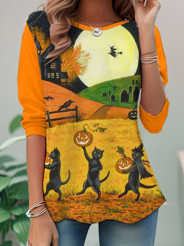 Casual Long Sleeve Crew Neck Halloween Loose Regular T-Shirt