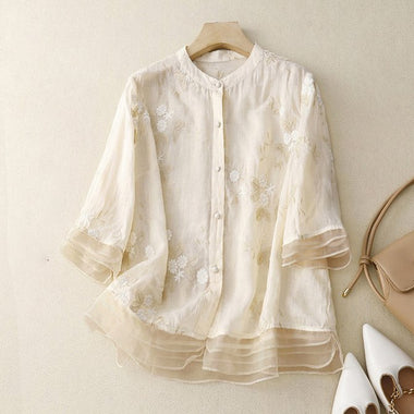 Casual Half Sleeve Stand Collar Embroidery Patterns Loose Regular Shirt