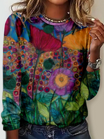 Loose Long Sleeve Crew Neck Ethnic Casual Regular T-Shirt