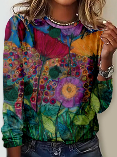 Loose Long Sleeve Crew Neck Ethnic Casual Regular T-Shirt