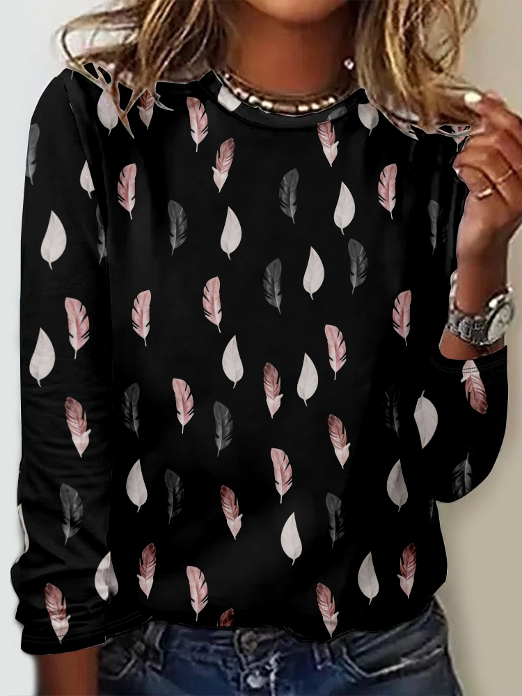 Loose Long Sleeve Crew Neck Ethnic Casual Regular T-Shirt