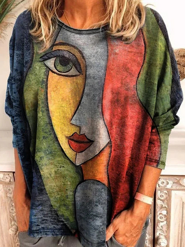 Casual Long Sleeve Crew Neck Face Loose Regular Blouse