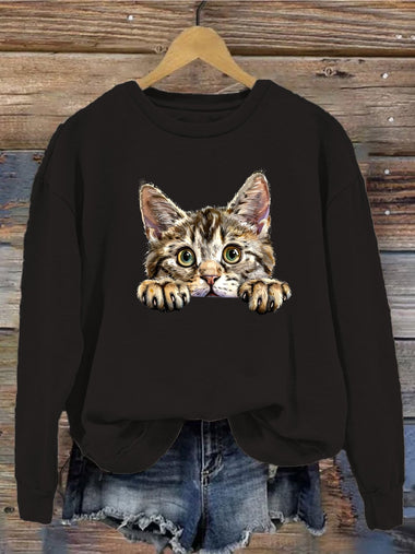 Loose Long Sleeve Crew Neck Cat Casual Regular Sweatshirt