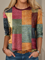 Casual Long Sleeve Crew Neck Plaid Loose Regular T-Shirt