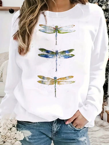 Casual Long Sleeve Crew Neck Dragonfly Loose Regular Sweatshirt