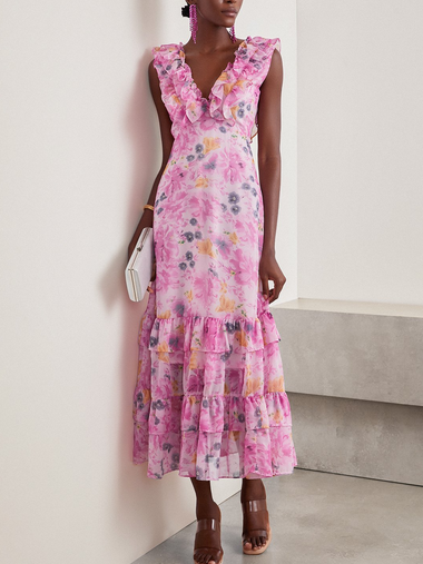 Elegant Gallus V Neck Plain Flouncing Maxi Dress