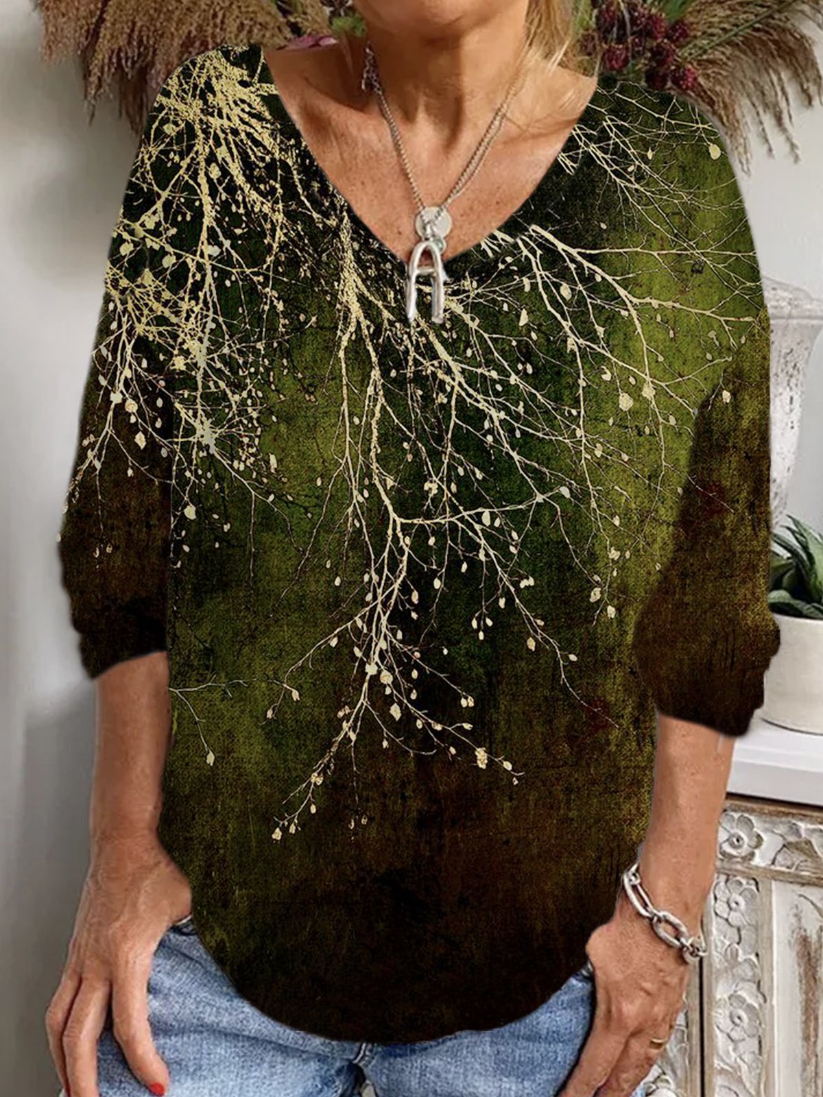 Loose Long Sleeve V Neck Floral Casual Regular T-Shirt