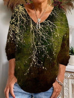 Loose Long Sleeve V Neck Floral Casual Regular T-Shirt