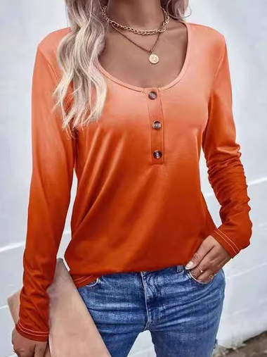Casual Long Sleeve Crew Neck Color Block Loose Regular T-Shirt