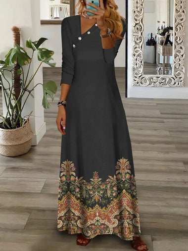 Casual Long Sleeve Asymmetrical Collar Ethnic Loose Maxi Dress