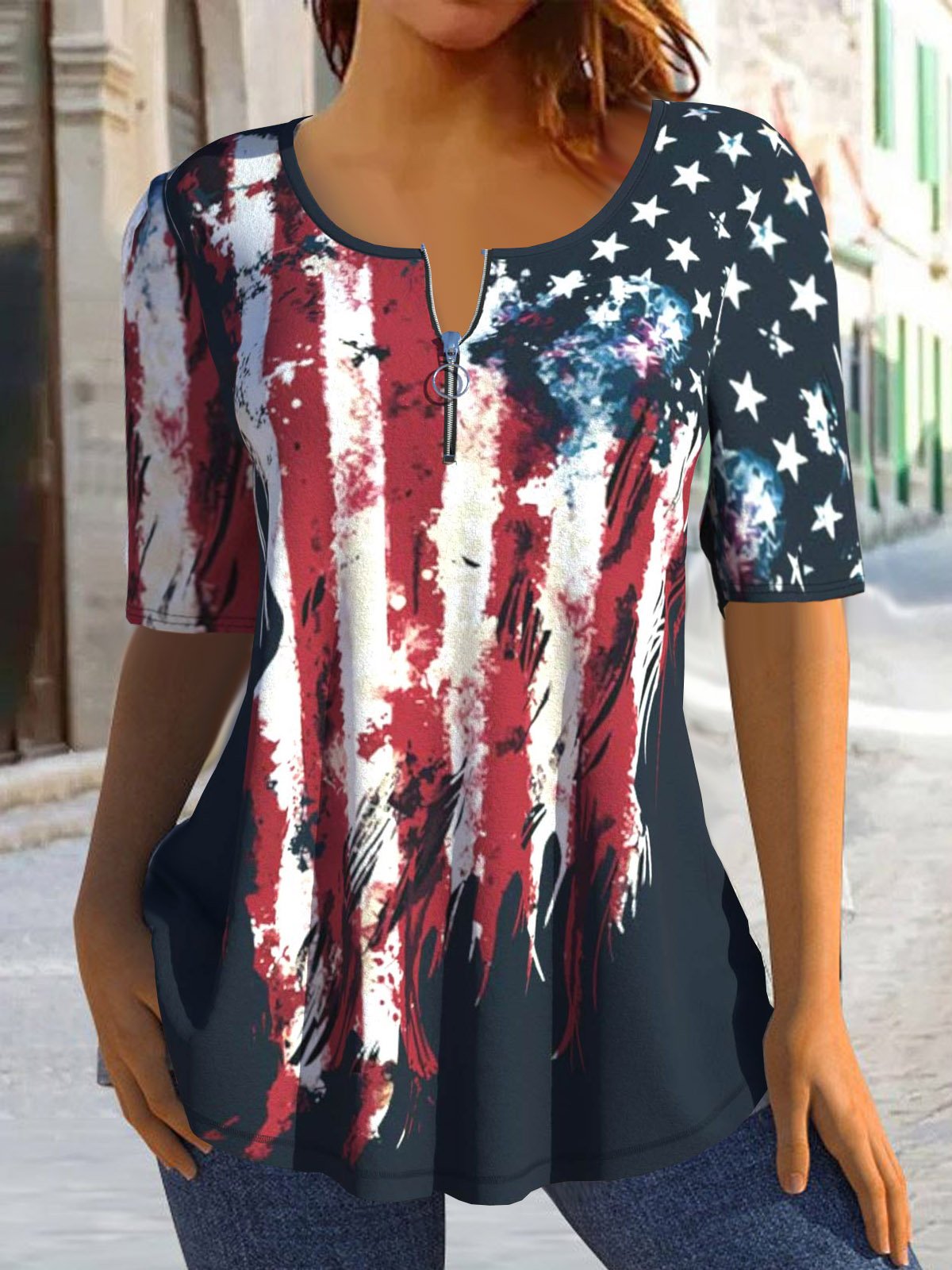 Loose Short Sleeve Crew Neck America Flag Zipper Casual Mid-Long Blouse