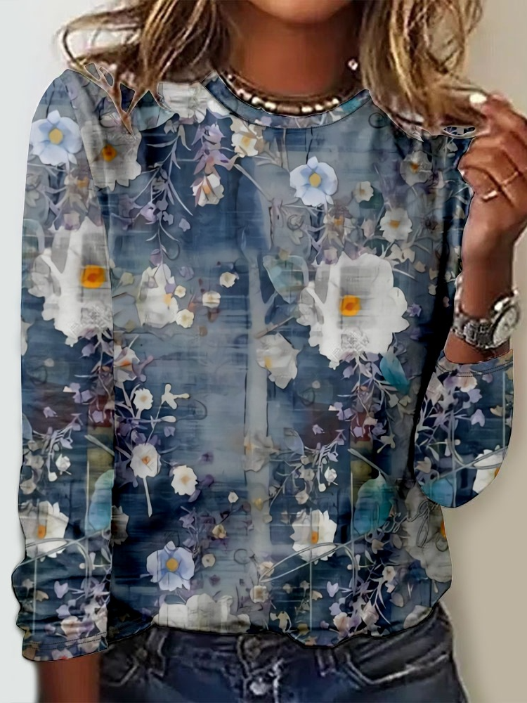 Loose Long Sleeve Crew Neck Floral Casual Regular T-Shirt