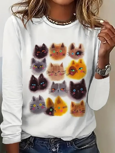 Casual Long Sleeve Crew Neck Cat Loose Regular T-Shirt