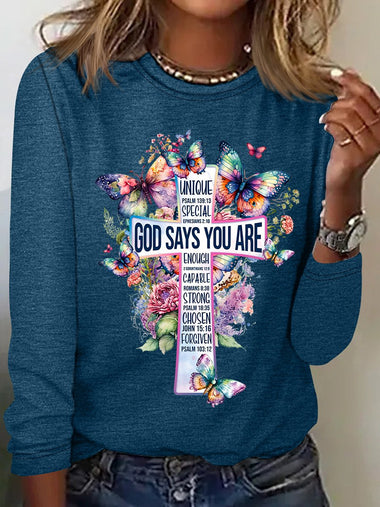 Casual Long Sleeve Crew Neck Butterfly Loose Regular T-Shirt