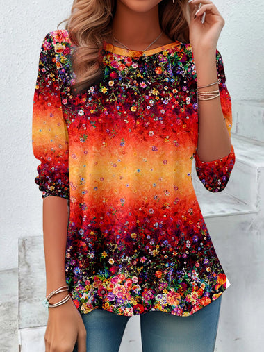 Loose Long Sleeve Crew Neck Floral Pattern Casual Regular Blouse