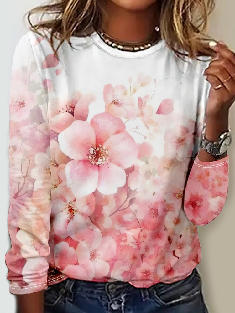 Loose Long Sleeve Crew Neck Floral Casual Regular T-Shirt