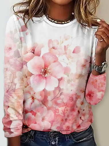 Loose Long Sleeve Crew Neck Floral Casual Regular T-Shirt
